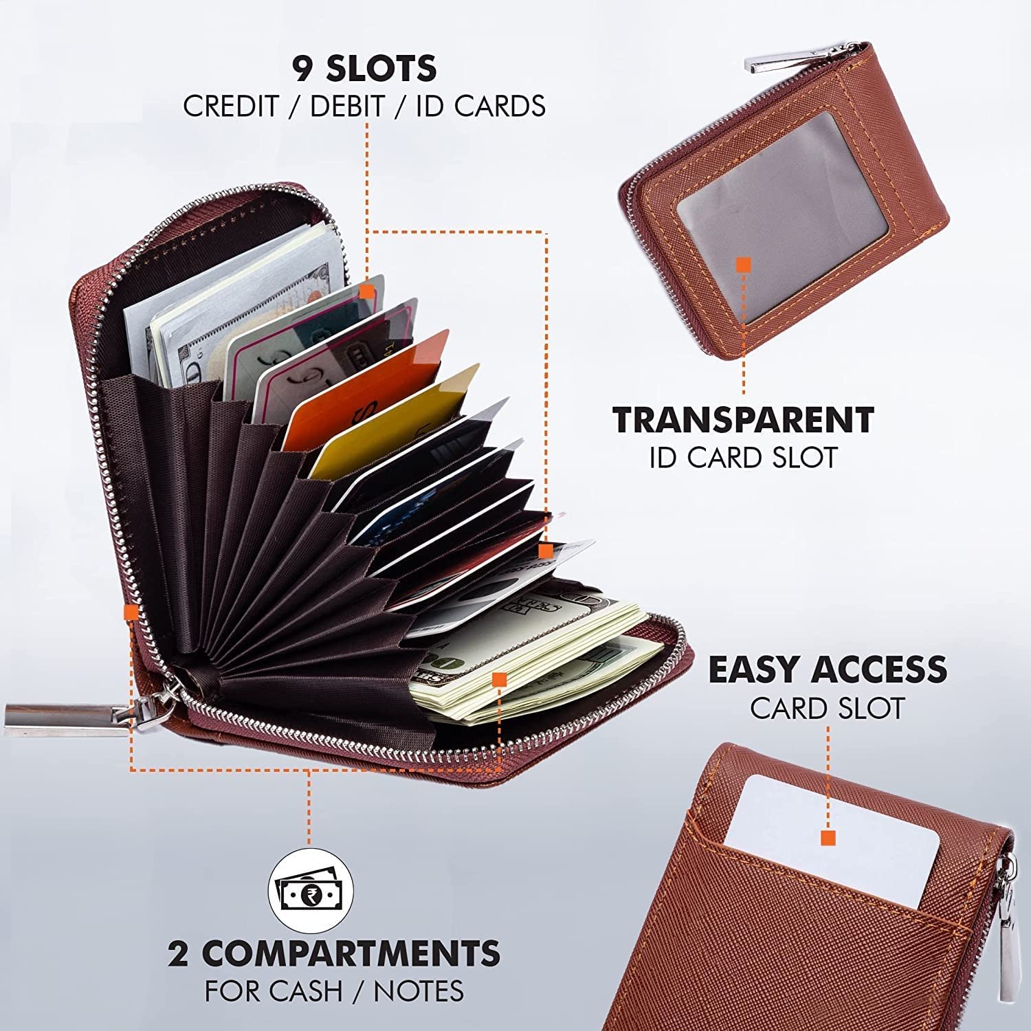 LipiWorld® 9 Slot Vertical Leather Credit/Debit Zipper Card Holder Money Wallet Zipper Coin Purse for Men & Women (Brown) - Image 3