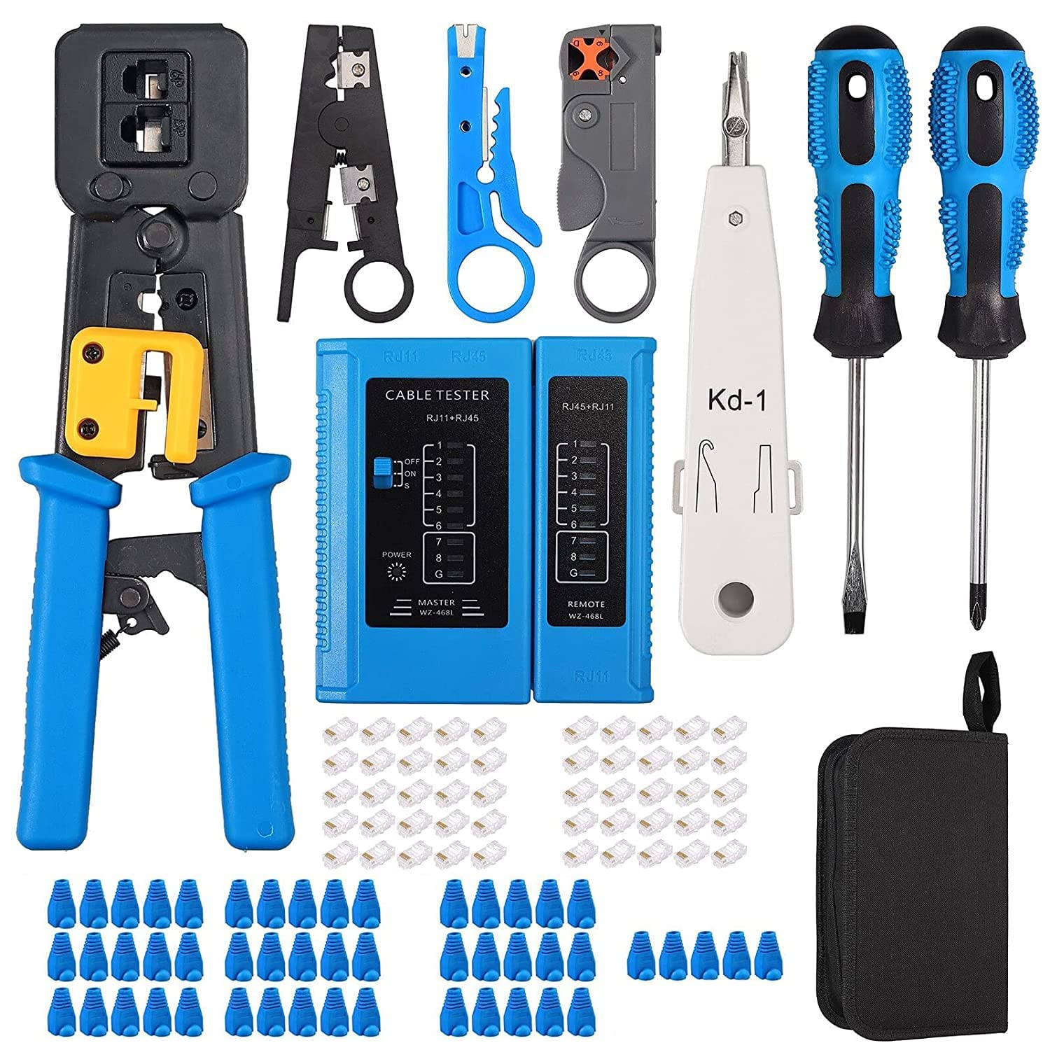 LipiWorld® Crimp Tool Kit Cat5 Cat5e Cat6 RJ45 Crimping Tool, 50PCS RJ45 Cat6 Pass Through Connectors, 50PCS Covers, Network Cable Tester, Wire Punch Down Cutter - Image 2