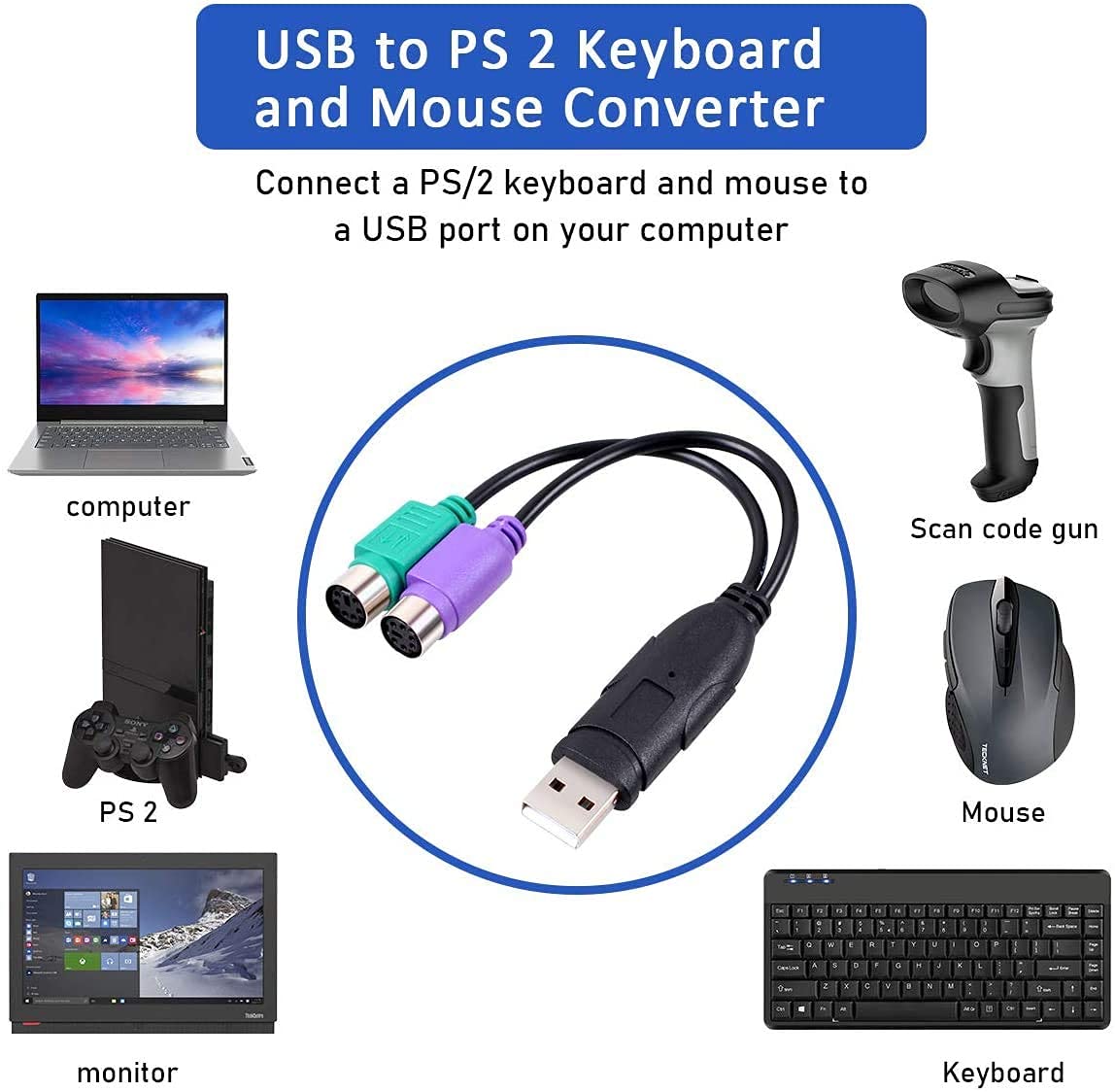 LipiWorld® USB Male to Dual PS/2 Female Adapter PC Keyboard Mouse Converter Splitter Adapter for Desk PC Computer or Laptop (USB to Ps2 Black)v - Image 2