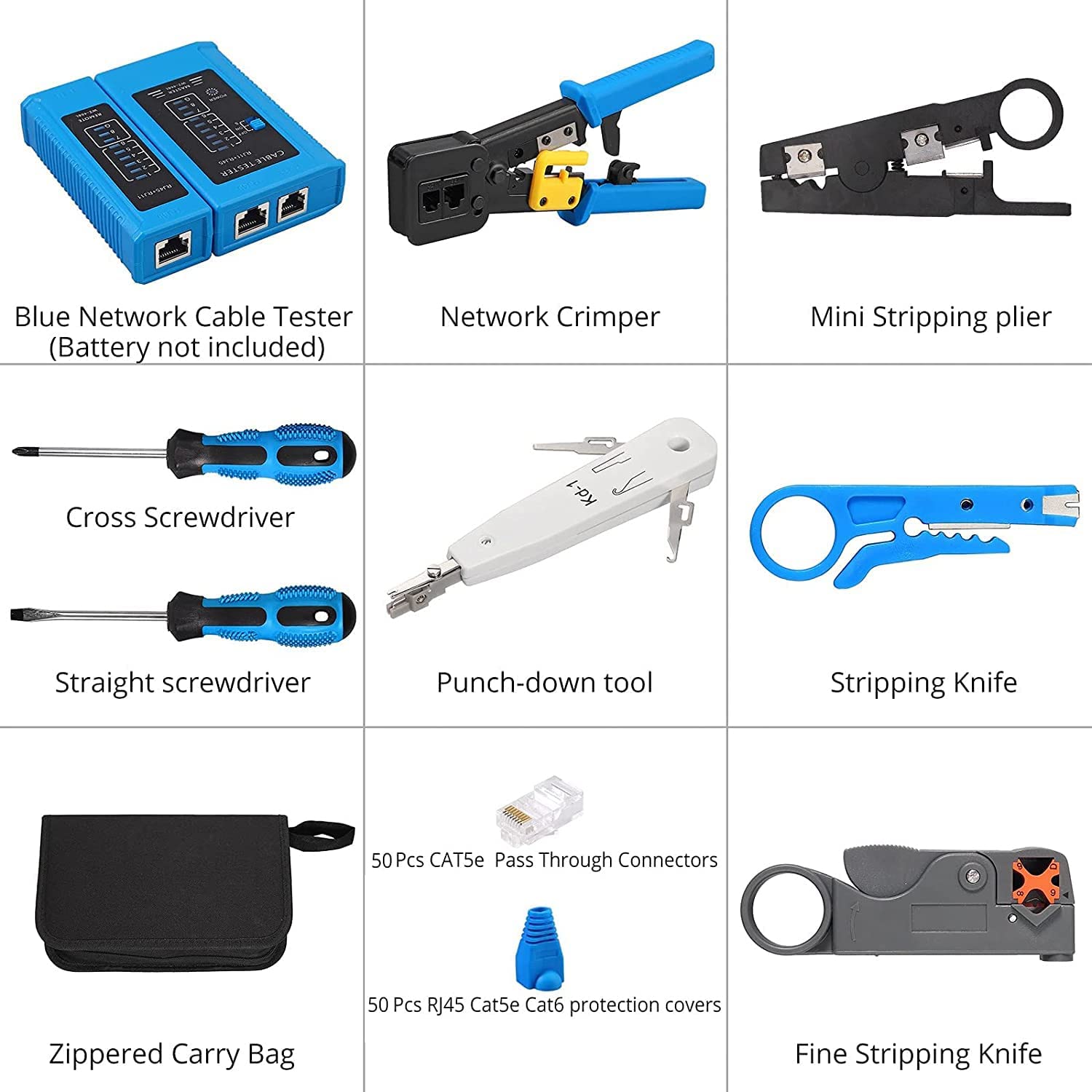 LipiWorld® Crimp Tool Kit Cat5 Cat5e Cat6 RJ45 Crimping Tool, 50PCS RJ45 Cat6 Pass Through Connectors, 50PCS Covers, Network Cable Tester, Wire Punch Down Cutter - Image 3