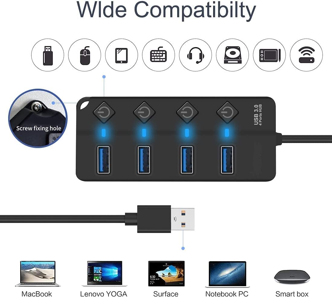 LipiWorld® 4 Port USB Hub, USB Hub 3.0 for PC, for Laptop, 4-Port USB 3.0 Hub with Individual Power Switches and Lights, 0.27m Cable, High Speed Extension Hub for PC, Laptop and More - Image 3