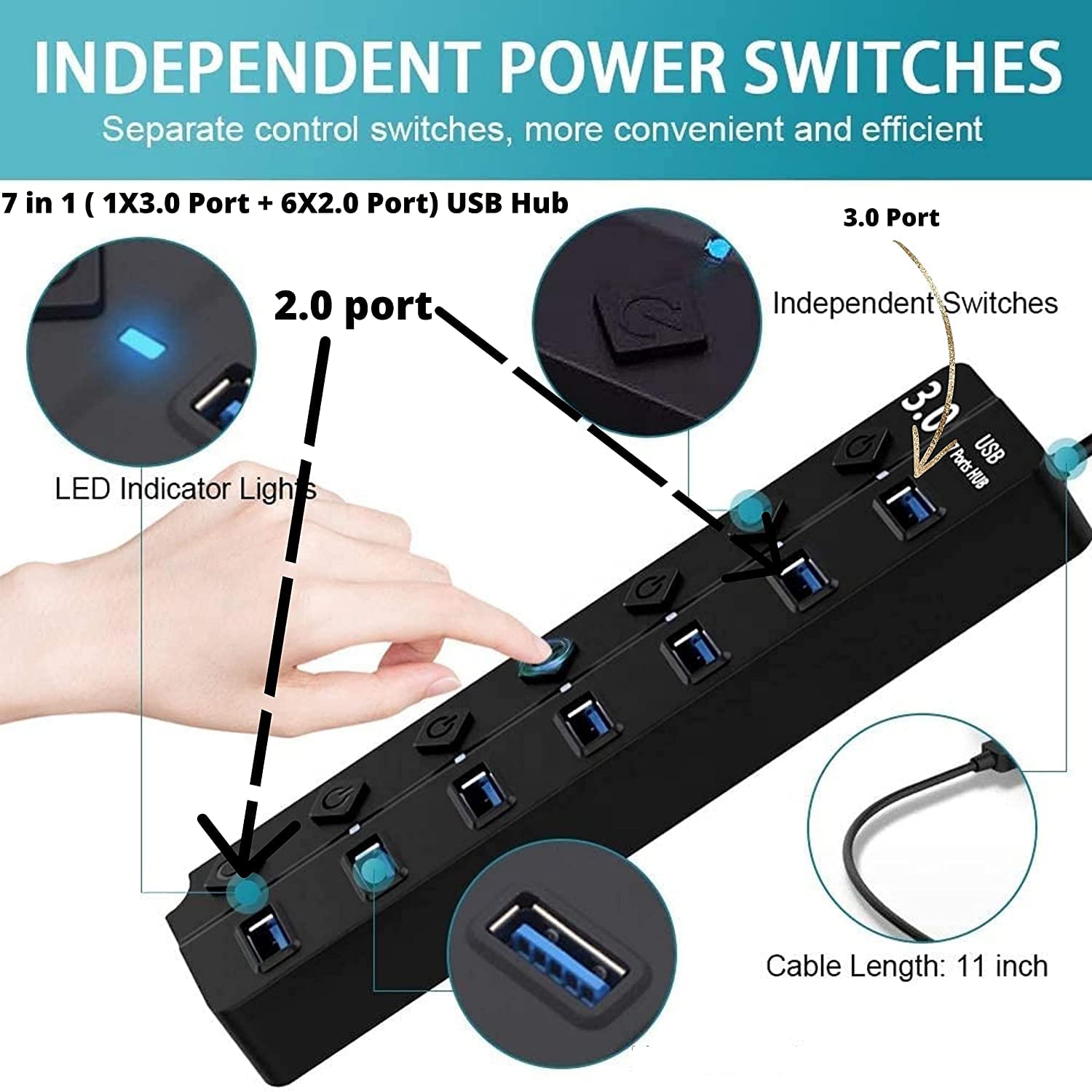 LipiWorld® 7 Port 7Switch USB Hub 3.0 USB Data Hub Splitter 7-Port Hub with Individual Power Switches and Lights High Speed Extension Hub Cable Length - 30CM - Image 3