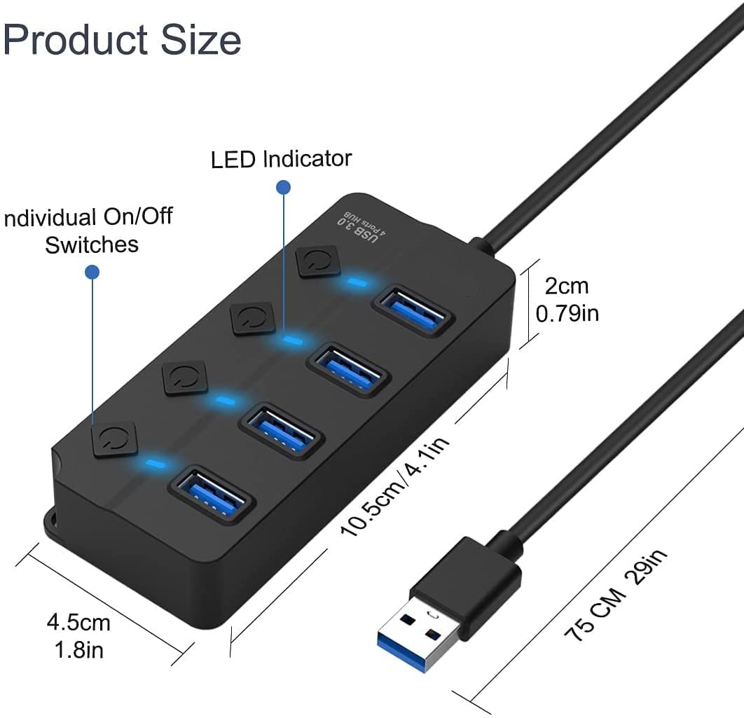 LipiWorld® 4 Port USB Hub, USB Hub 3.0 for PC, for Laptop, 4-Port USB 3.0 Hub with Individual Power Switches and Lights, 0.27m Cable, High Speed Extension Hub for PC, Laptop and More - Image 5