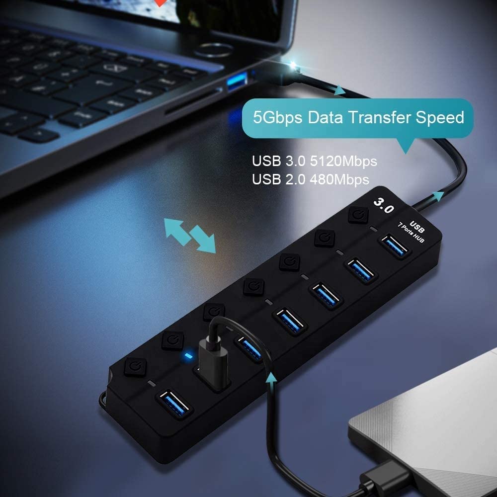 LipiWorld® 7 Port 7Switch USB Hub 3.0 USB Data Hub Splitter 7-Port Hub with Individual Power Switches and Lights High Speed Extension Hub Cable Length - 30CM - Image 5