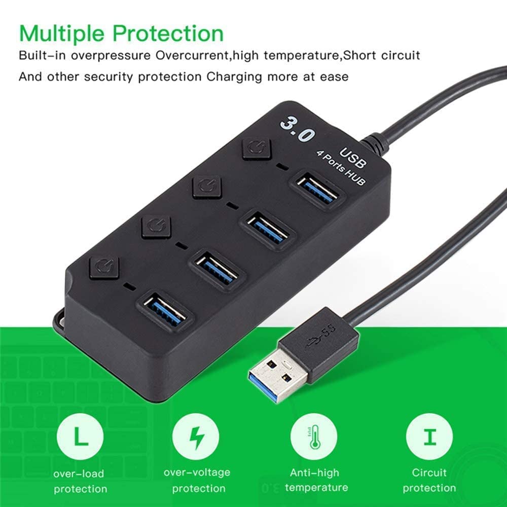LipiWorld® 4 Port USB Hub, USB Hub 3.0 for PC, for Laptop, 4-Port USB 3.0 Hub with Individual Power Switches and Lights, 0.27m Cable, High Speed Extension Hub for PC, Laptop and More - Image 6