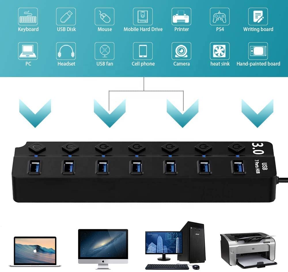 LipiWorld® 7 Port 7Switch USB Hub 3.0 USB Data Hub Splitter 7-Port Hub with Individual Power Switches and Lights High Speed Extension Hub Cable Length - 30CM - Image 6
