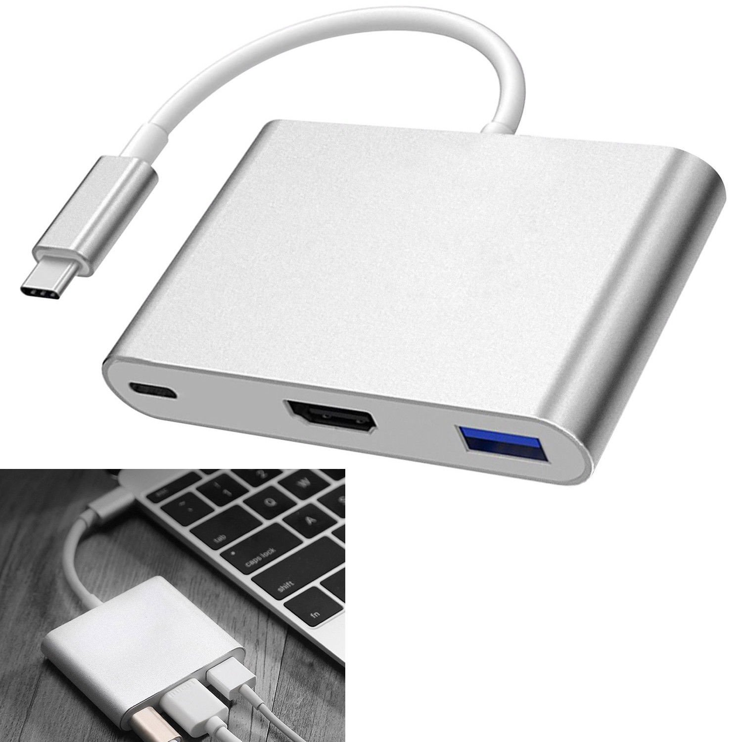 LipiWorld® 3 in 1 Hub Type C USB 3.1 to USB-C 4K HDMI USB 3.0 Adapter Converter for Apple MacBook-Silver(Type C to HDMI USB Type C) - Image 3