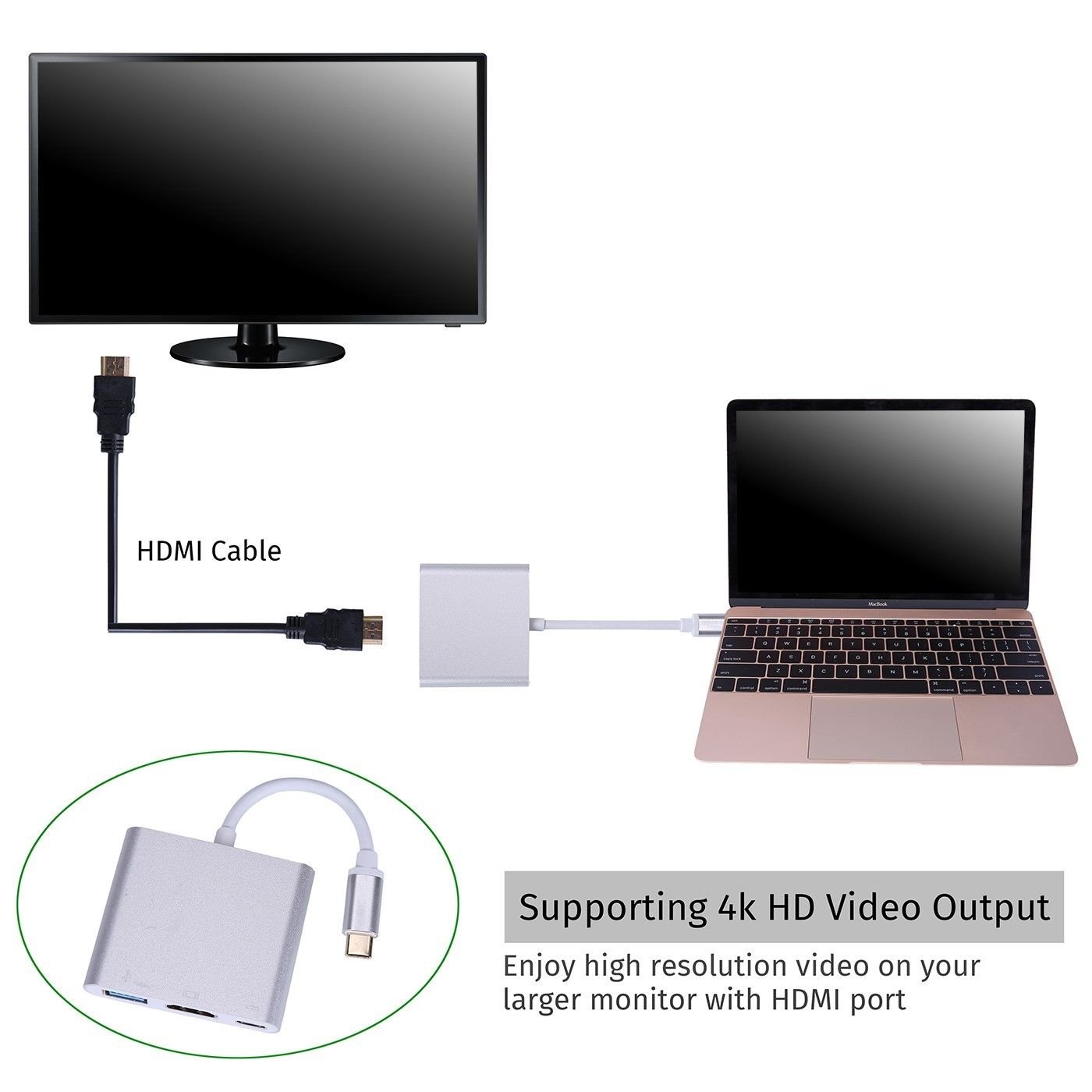 LipiWorld® 3 in 1 Hub Type C USB 3.1 to USB-C 4K HDMI USB 3.0 Adapter Converter for Apple MacBook-Silver(Type C to HDMI USB Type C) - Image 4