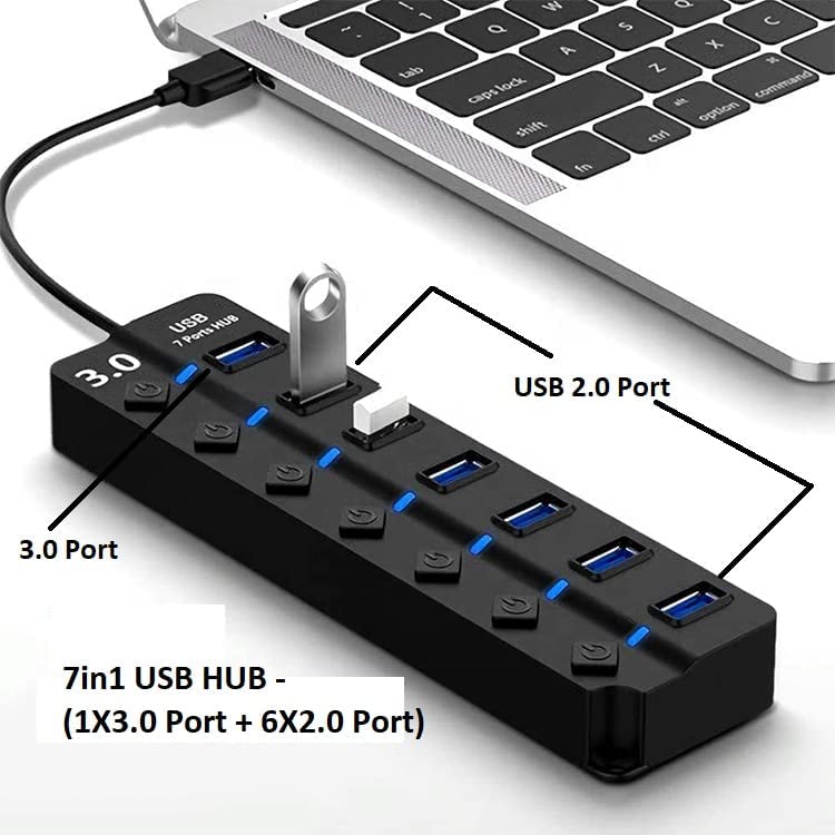 LipiWorld® 7 Port 7Switch USB Hub 3.0 USB Data Hub Splitter 7-Port Hub with Individual Power Switches and Lights High Speed Extension Hub Cable Length - 30CM - Image 8