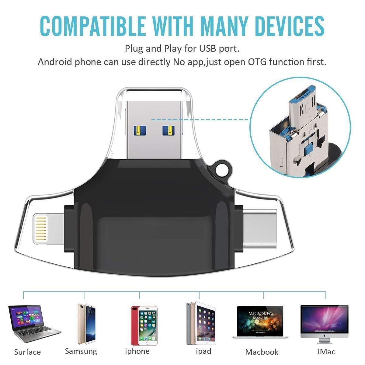 LipiWorld® 4in1 OTG Card Reader Lightning Type C Micro USB USB Card Reader Like Iflash Idisk for Micro USB SDHC Lightning Flash Drive - Image 2