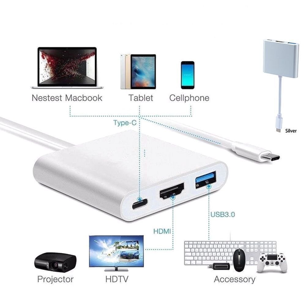 LipiWorld® 3 in 1 Hub Type C USB 3.1 to USB-C 4K HDMI USB 3.0 Adapter Converter for Apple MacBook-Silver(Type C to HDMI USB Type C) - Image 5