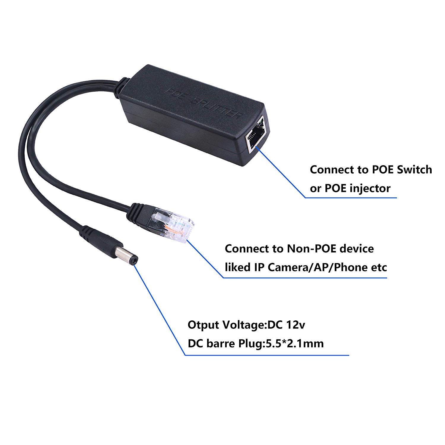 LipiWorld PoE Splitter Power Over Ethernet Adapter Active 48V to 12V for IP Camera IP Phone POE Devices PoE Switches, Black - Image 4