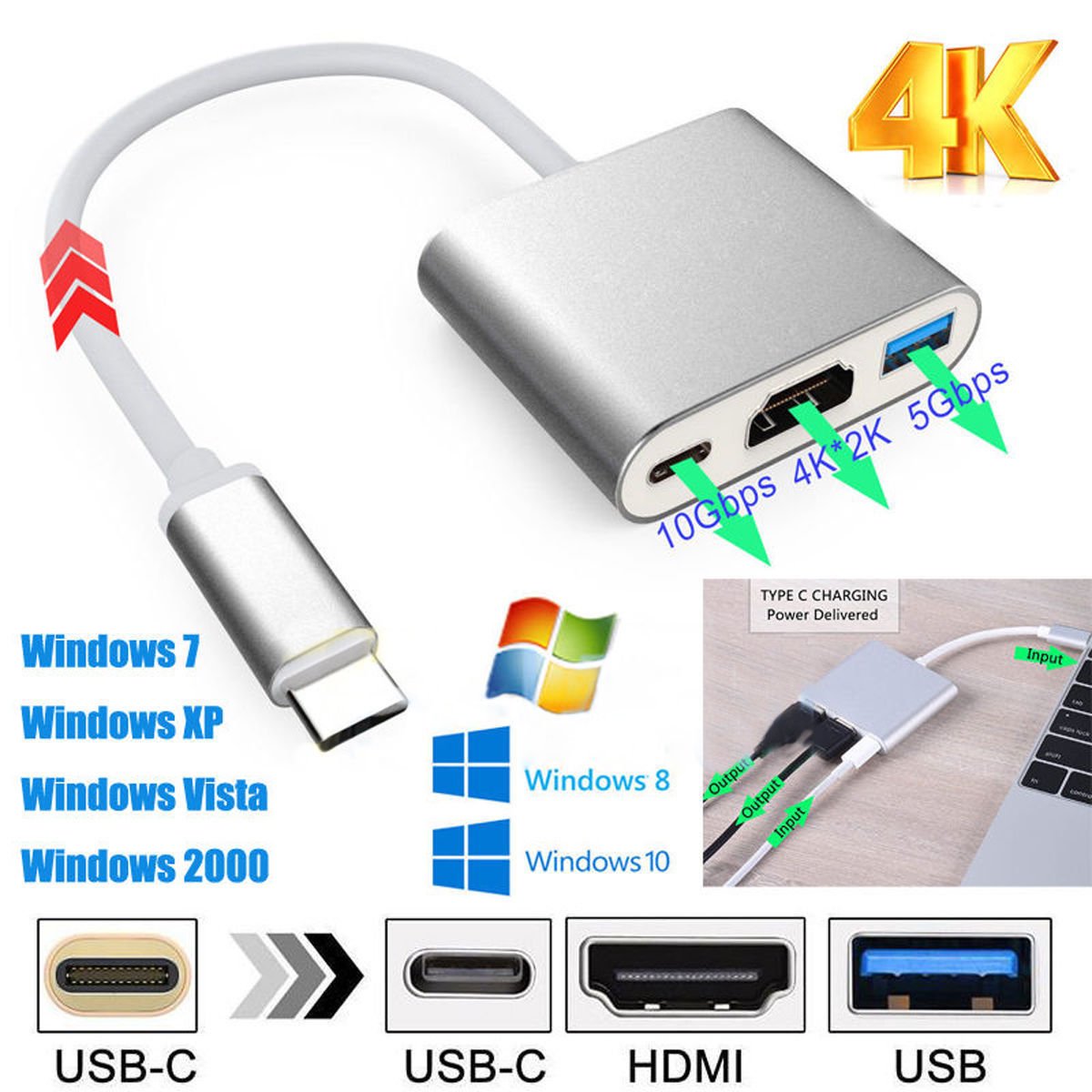 LipiWorld® 3 in 1 Hub Type C USB 3.1 to USB-C 4K HDMI USB 3.0 Adapter Converter for Apple MacBook-Silver(Type C to HDMI USB Type C) - Image 6
