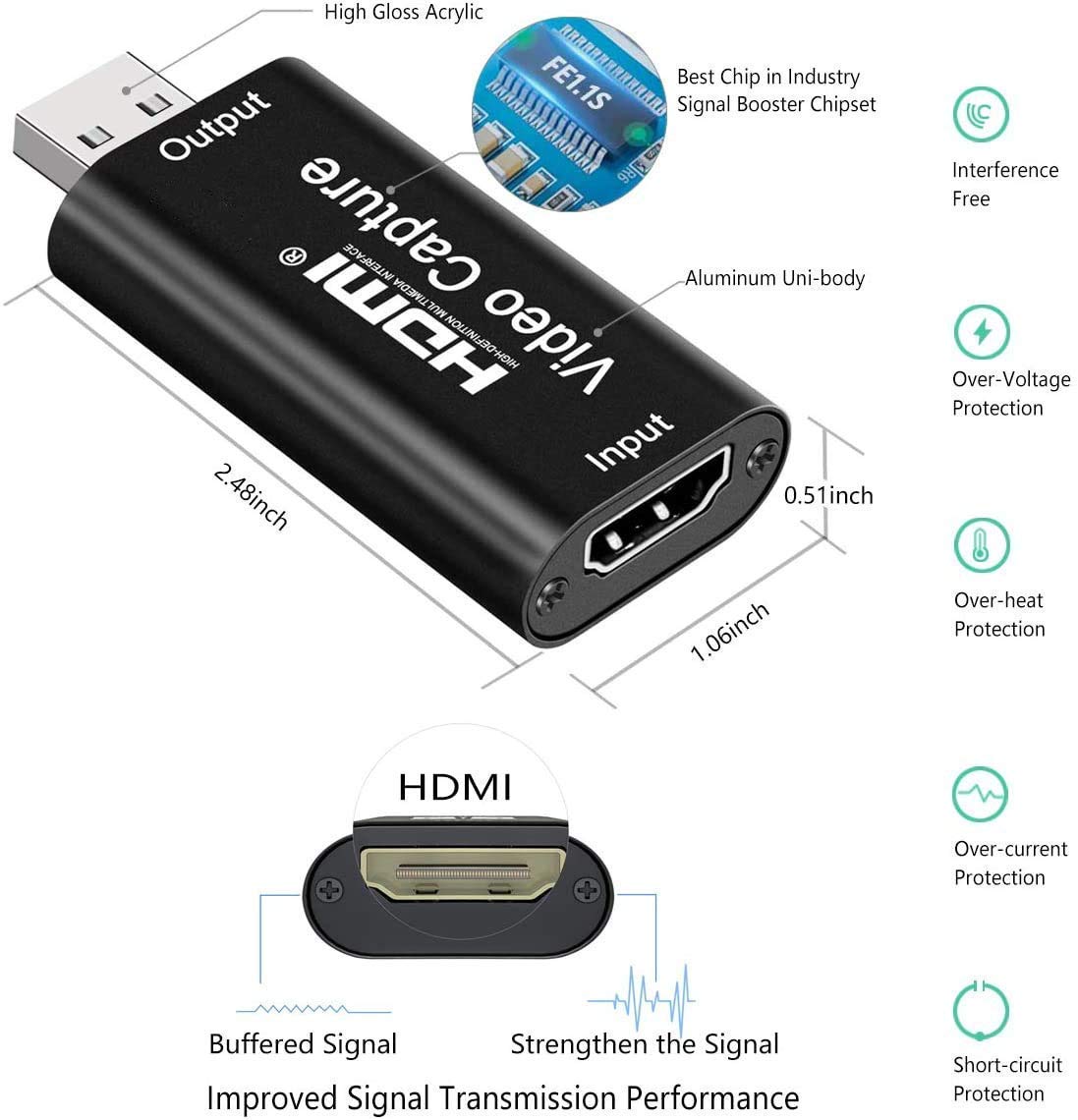 LipiWorld® Game Capture Cards Audio Video Capture Cards 1080P HDMI to USB Record to DSLR Camcorder Action Cam,Computer for Gaming, Streaming, Teaching, Video Conference or Live Broadcasting - USB 2.0 - Image 7
