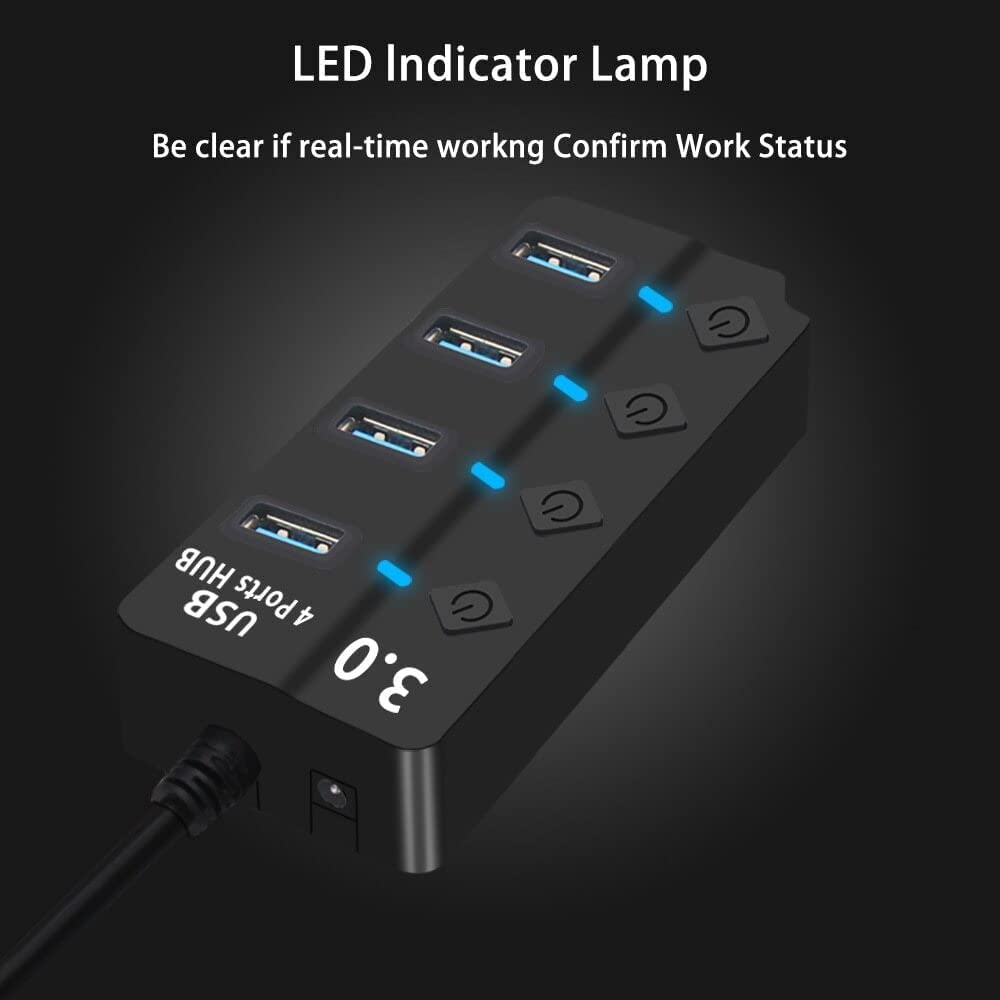 LipiWorld® 4 Port USB Hub, USB Hub 3.0 for PC, for Laptop, 4-Port USB 3.0 Hub with Individual Power Switches and Lights, 0.27m Cable, High Speed Extension Hub for PC, Laptop and More - Image 10